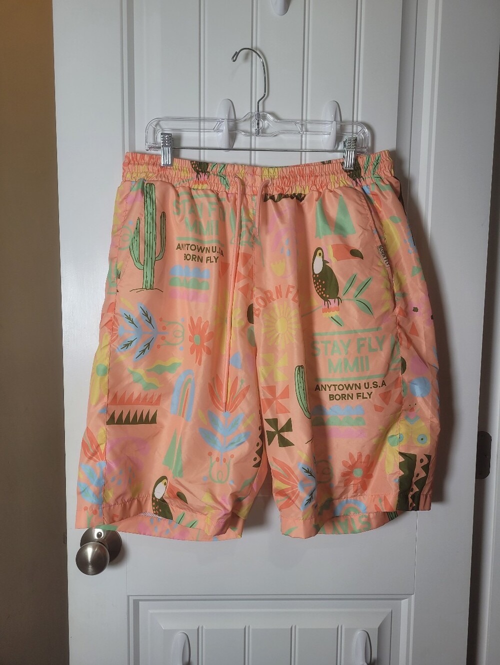 Men's Born Fly Peach Tropical Print Swim Shorts. Size 2X